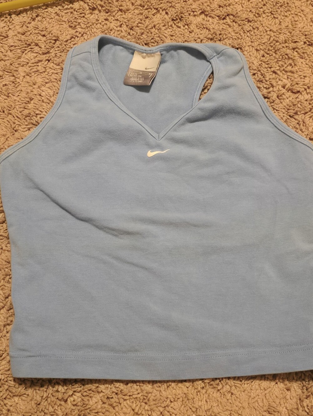 Vintage Nike Women's Light Blue V-Neck Tank Top with Built-in Bra - Size L